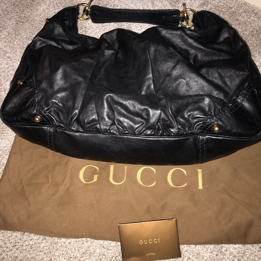 Gucci Black Leather "Large Jockey" Hobo Bag